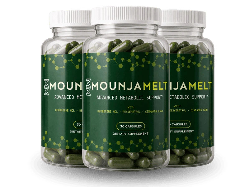 MounjaMelt 3-bottle 90-day most popular supply — metabolic support protocol showing three-pathway mechanism for blood sugar and weight management